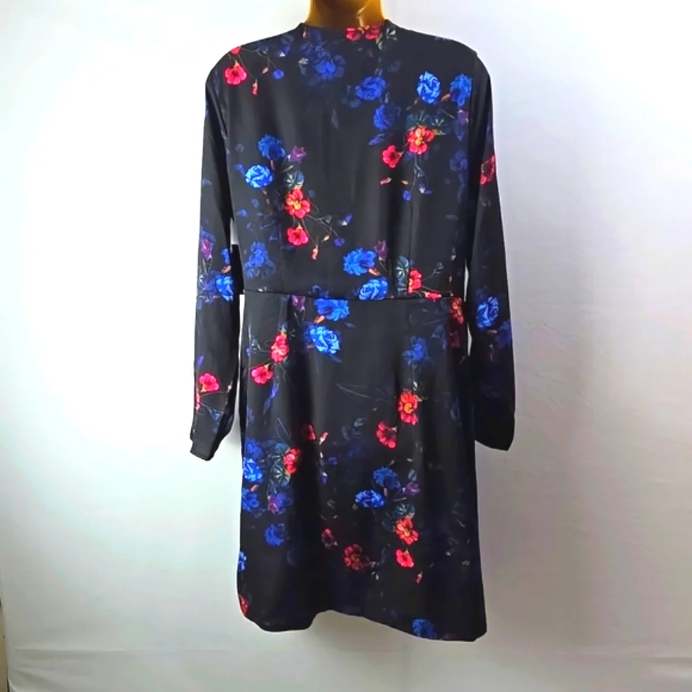 I.N.C. International Concepts Black Floral Print Faux-Wrap Long Sleeve Dress L - Picture 5 of 12